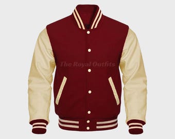 Handmade Maroon Wool Varsity Jacket - Cream Leather Sleeves, Retro Bomber