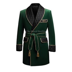 Rich green velvet fabric used in smoking jacket and evening robe blazer, showcasing premium craftsmanship and soft texture.