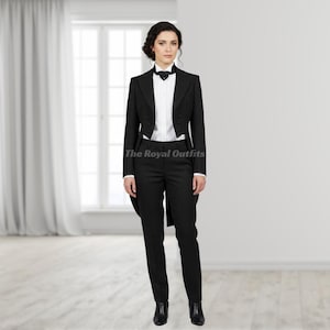 May include: A formal black tuxedo with a white dress shirt and black bow tie. The tuxedo jacket has a tailcoat design. The outfit includes black trousers and black dress shoes. The text "The Royal Outfits" is visible.