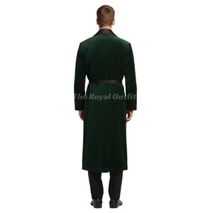 Back view of Victorian style green velvet smoking coat evening robe, highlighting full-length cut, smooth velvet drape, and traditional gentleman’s lounge wear craftsmanship.