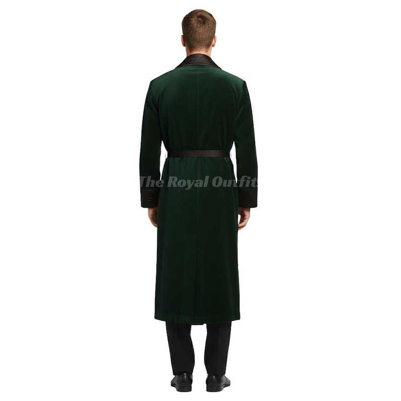 Back view of Victorian style green velvet smoking coat evening robe, highlighting full-length cut, smooth velvet drape, and traditional gentleman’s lounge wear craftsmanship.