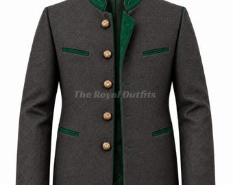 Men’s Traditional Oktoberfest Bavarian Jacket | German Trachten Loden Tyrol Jacket | Charcoal Gray Coat Costume