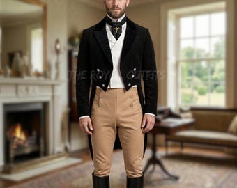 May include: A black velvet tailcoat jacket with silver buttons, a white double-breasted waistcoat, a black cravat with a gold pin, and tan trousers. The ensemble is completed with black knee-high boots, creating a formal, structured appearance.