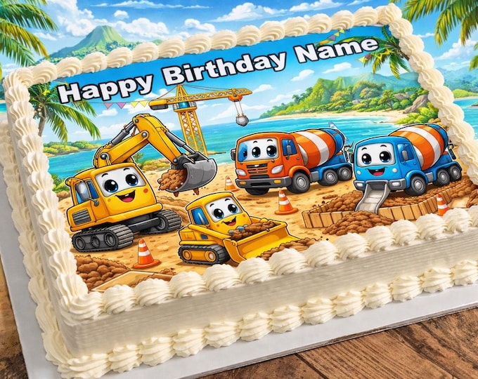 Kids Construction Vehicles Personalized Edible Image Cake Topper | Edible Frosting 1/4 Sheet