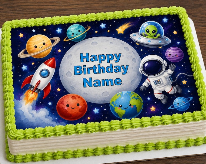 Outer Space Astronaut Alien Personalized Edible Image Cake Topper |  Frosting 1/4 Sheet