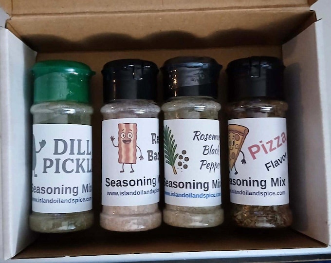 Set of FOUR Popcorn Seasoning Blends in 3.3 ounce Shaker Bottles Dill Pickle Pizza Bacon Rosemary Black Pepper
