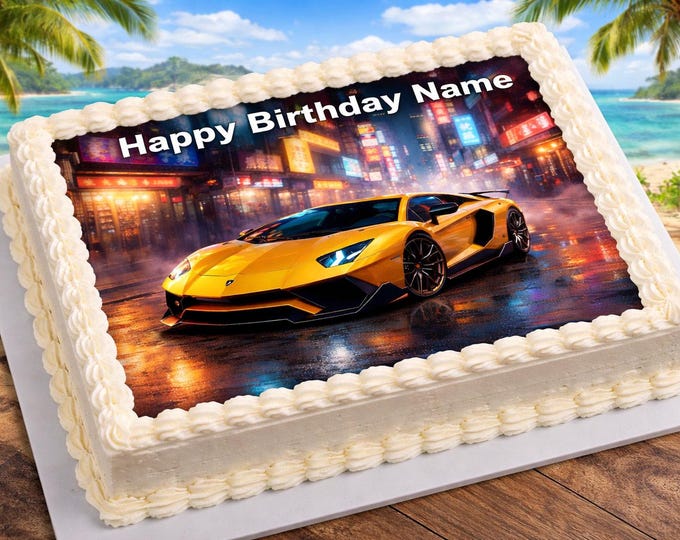 Yellow Lamborghini Vehicle Car Personalized Edible Image Cake Topper |  Frosting 1/4 Sheet
