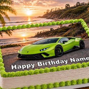 May include: A birthday cake with a green sports car image on top. The cake has a white base with green frosting around the edges. The words "Happy Birthday Name" are printed on the cake.