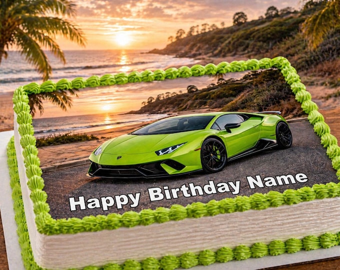 Lime Green Lamborghini Vehicle Car Personalized Edible Image Cake Topper |  Frosting 1/4 Sheet