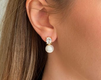 Sterling Silver Pearl Stud Earrings, Dainty CZ Diamond Pearl Earrings, Wedding Earrings, Bridal Earrings, Wedding Jewelry, Bridesmaid Gift