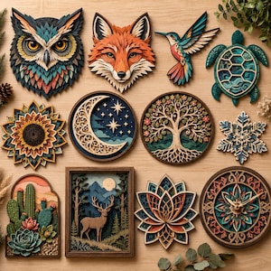 May include: A collection of layered wooden wall art pieces featuring an owl, fox, hummingbird, turtle, sunflower, crescent moon, tree of life, snowflake, desert cactus scene, deer in a forest, lotus flower, and a decorative clock with intricate patterns.
