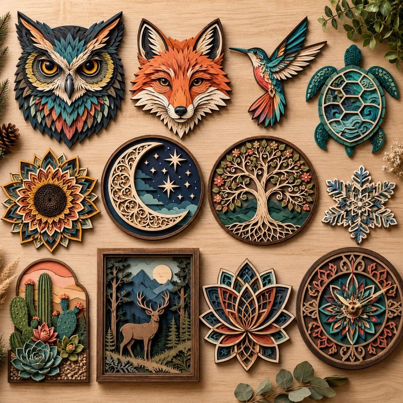 May include: A collection of layered wooden wall art pieces featuring an owl, fox, hummingbird, turtle, sunflower, crescent moon, tree of life, snowflake, desert cactus scene, deer in a forest, lotus flower, and a decorative clock with intricate patterns.
