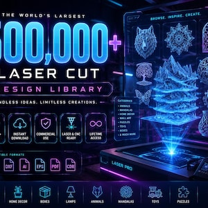 Può includere: Una grafica digitale che promuove una libreria di design per taglio laser con oltre 500.000 design. L'immagine presenta un design futuristico con accenti al neon blu e viola. Le categorie includono animali, decorazioni per la casa, arte murale, puzzle, giocattoli e scatole. Formati compatibili: SVG, DXF, AI, EPS, PDF e CDR.