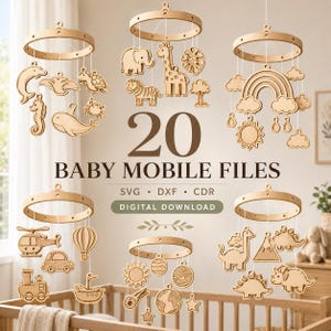 Puede incluir: Archivos de móviles para bebés de madera con varios diseños, incluyendo animales, un arcoíris y vehículos. El texto "20 BABY MOBILE FILES" se muestra de forma destacada, junto con "SVG • DXF • CDR" y "DIGITAL DOWNLOAD". Los móviles están suspendidos de anillos de madera.