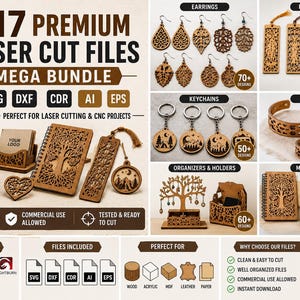 May include: A promotional image showcasing a mega bundle of 317 laser cut files. The image displays various wooden items like earrings, bookmarks, keychains, bracelets, organizers, and more. The text includes "317 Premium Laser Cut Files Mega Bundle" and file type icons.