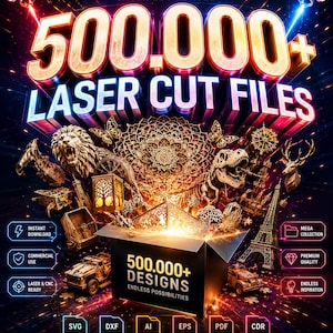 Può includere: Una pubblicità per un pacchetto di file di taglio laser. L'immagine presenta il testo "The Ultimate Laser Cut Bundle" e "500.000+ Laser Cut Files". Vari disegni tagliati al laser, tra cui animali, decorazioni per la casa e puzzle, sono esposti attorno a una scatola aperta. L'immagine include anche icone di formato file.