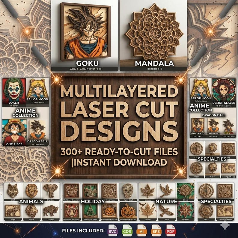 May include: A digital display showcasing a collection of multilayered laser cut designs, including anime characters like Goku, Sailor Moon, and Luffy, alongside mandalas, animals, holiday themes, and nature motifs, with file formats listed as SVG, CDR, AI, EPS, and PDF.