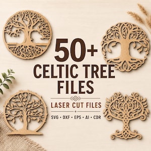 Może przedstawiać: Obraz laserowo wyciętych drewnianych wzorów celtyckich drzew. Obraz przedstawia cztery różne projekty drzew, wraz z tekstem "50+ Celtic Tree Files" i "Laser Cut Files" z opcjami formatu pliku.