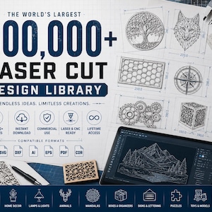 May include: An advertisement for a laser cut design library with the text "The World's Largest 500,000+ Laser Cut Design Library." The image includes various laser cut designs, including a tree, wolf, compass, gears, and a cube. Compatible formats include SVG, DXF, AI, EPS, PDF, and CDR.