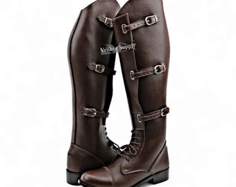Handmade Brown Leather Riding Boots – Vintage Buckle Knee-High Boots