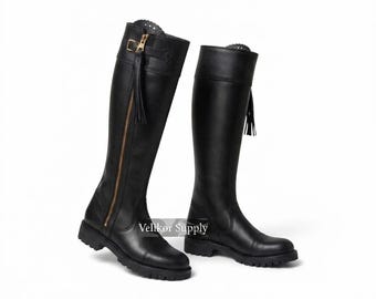 Handmade Black Leather Knee High Riding Boots – Equestrian Tassel Boots