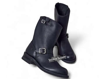 Handmade Black Engineer Boots – Mid Calf Leather Motorcycle Boots with Buckles – Vintage Style Biker Boots for Men