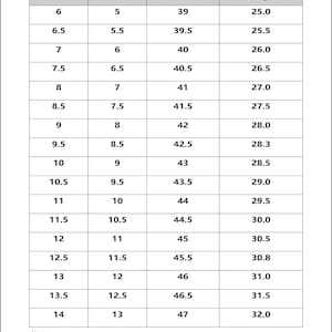 May include: A shoe size chart from Velikor Supply, displaying US, UK, and EU sizes with corresponding foot lengths in centimeters. The chart includes sizes from US 6 to 14, with a note about sizing variations.