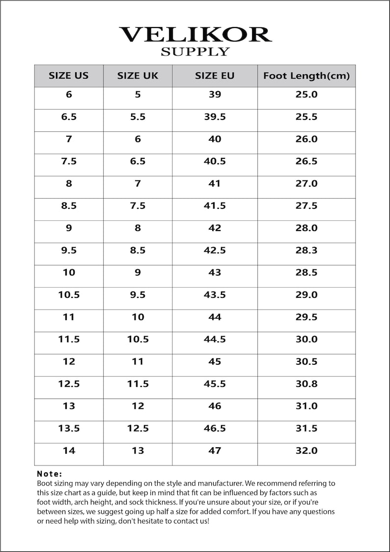 May include: A shoe size chart from Velikor Supply, displaying US, UK, and EU sizes with corresponding foot lengths in centimeters. The chart includes sizes from US 6 to 14, with a note about sizing variations.