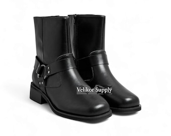 Handmade Harness Buckle Ankle Boots – Side Zipper Low Heel Biker Leather boots