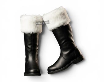 Stivali di pelliccia di Babbo Natale fatti a mano, stivali natalizi in pelle personalizzati, stivali invernali unisex per le feste, scarpe per costume di Babbo Natale