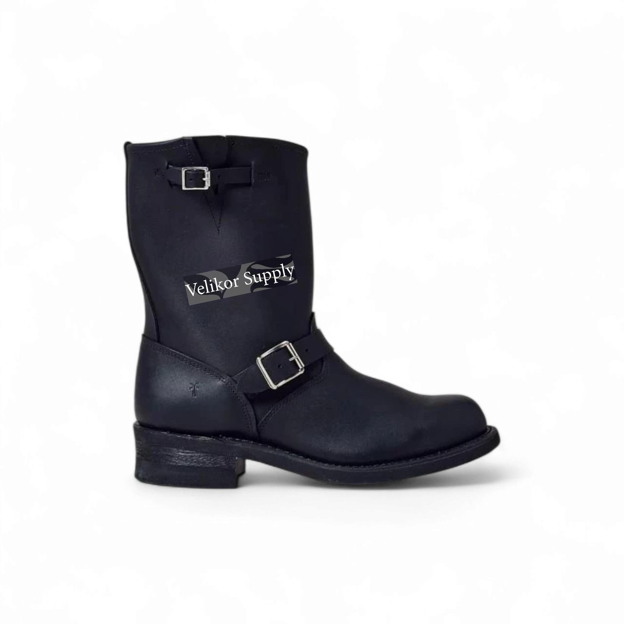 Handmade Black Engineer Boots – Mid Calf Leather Motorcycle Boots
