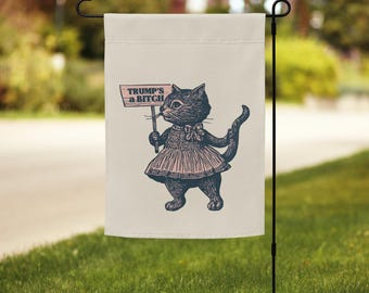 Bandera vintage anti-Trump para jardín / Ilustración de gato con la frase "Trump es una perra" / Bandera de protesta política para jardín (explícito)