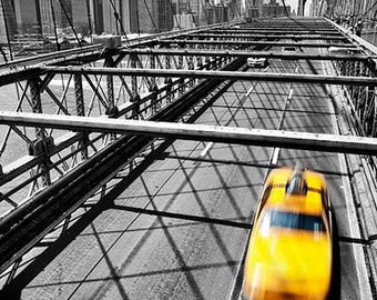 NYC Taxi, Photo Print, New York, City, Cityscape, Brooklyn Bridge, Selective Color, Urban, Yellow, Black, White