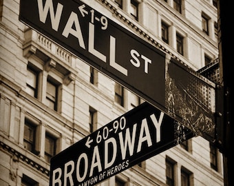 Wall Street & Broadway, New York, NYC, Sepia, Duotone, City, Urban, Finance, NY, Money, Photography, Photograph, Photo, Fine Art