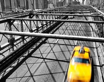 NYC Taxi, Aluminum Photo Print, New York, City, Cityscape, Brooklyn Bridge, Selective Color, Urban, Yellow, Black, White