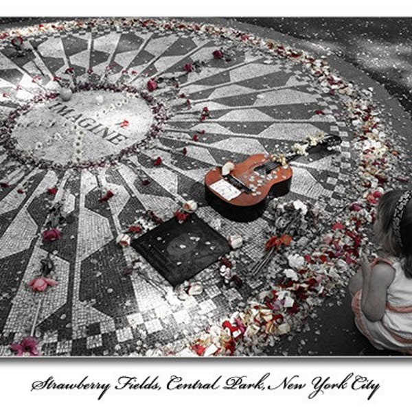 Girl at Strawberry Fields Print, John Lennon, Beatles, New York, City, Central Park, NYC, Red, B&W, Black, White, Child, Young