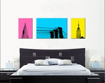 NYC Pop Art Wall Display, New York City, Colorful, Bright, Empire State Building, Brooklyn Bridge, Chrysler Building, Canvas, Aluminum