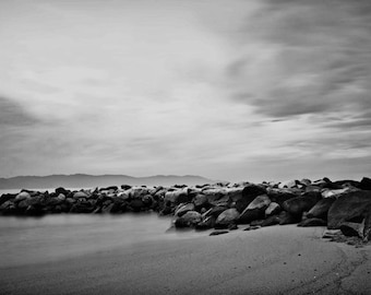 Beach Sunrise, Black, White, B&W, Beach, Sand, Surf, Ocean, Water, Rocks, Waves, Morning, Relaxation, Calming, Photography, Photo, Art