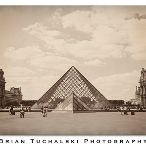 The Louvre Pyramid, Photo Print, Paris, France, Art, Museum, Sepia, Antiqued, Europe, Desaturated, Vintage, Glass
