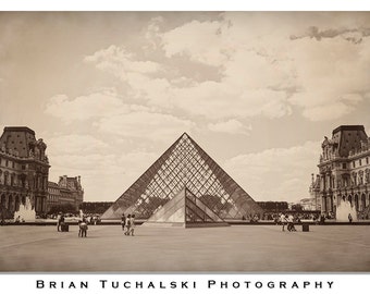 The Louvre Pyramid, Photo Print, Paris, France, Art, Museum, Sepia, Antiqued, Europe, Desaturated, Vintage, Glass