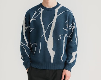 Men's Modern Abstract Swirl Knit Sweater – Crew Neck Design