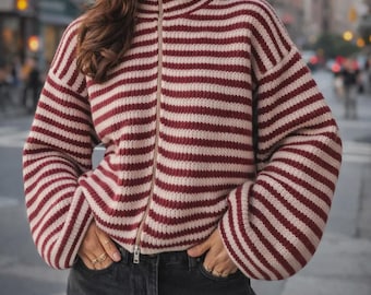 Women’s Striped Knit Cardigan – Zipper Sweater