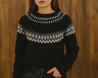 フェアアイルパッチワークセーター｜レトロニットクルーネック｜男女兼用秋冬ギフト