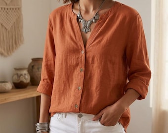 Women's Burnt Orange Blouse | Casual Work Shirt | Button Front Sleeve Elegant Summer Top