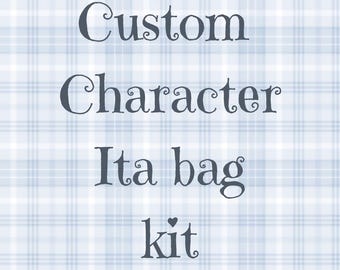 May include: A light blue and white plaid background featuring the dark gray text Custom Character Ita bag kit, with a small heart icon positioned above the letter i in the word kit, displayed in a decorative serif font style.