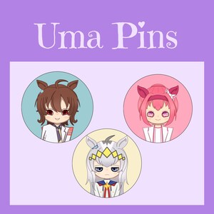 May include: Three Uma Pins with anime-style illustrations. The pins feature characters with horse-like ears and outfits. The top pin has a brown-haired character, the middle pin has a pink-haired character, and the bottom pin has a silver-haired character. The text "Uma Pins" is at the top.