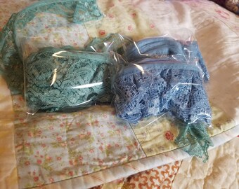 2 yard lengths of vintage lace, in dusty blue or muted green.