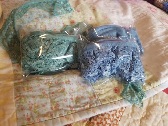 2 yard lengths of vintage lace, in dusty blue or muted green.