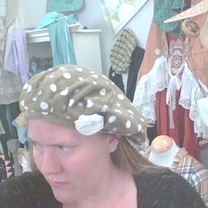 flannel polkadot on brown cottage hat with rose