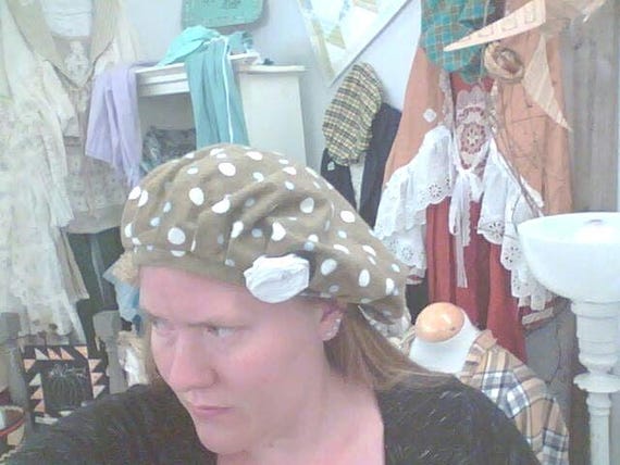 flannel polkadot on brown cottage hat with rose
